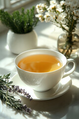A cup of herbal tea, isolated on a pastel cream background, symbolizing the habit of choosing healthy beverages,