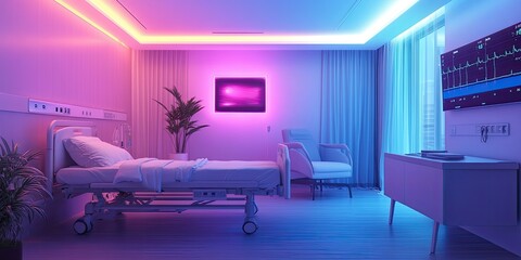 Neon-lit hospital room with a bed, chair, and plant.