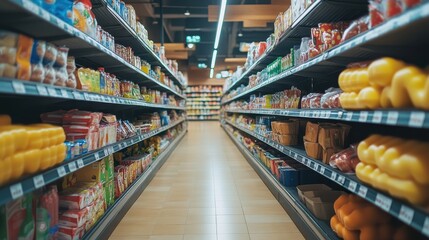 Fototapeta premium Wide Angle View of a Modern Supermarket Aisle with Various Groceries and Products on Shelves