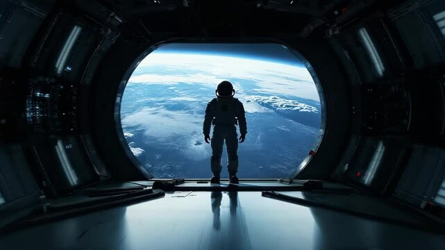 Astronaut stands silently in futuristic space station, gazing at Earth through massive viewport. Dark interior contrasts with bright planet view, evoking awe and isolation of space exploration.	