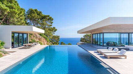 Fototapeta premium Banner of summer luxury estate villa with large swimming pool, luxury modern estate property on hill with stunning sea view, summer vacation