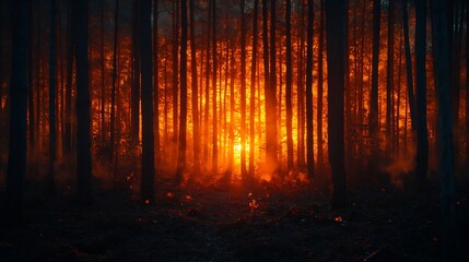 Obraz premium Abstract artistic background creative cinematic photo of dark forest over sunset mysterious scary picture : Generative AI