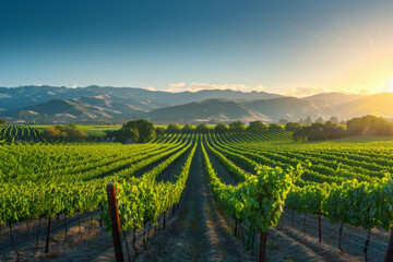 Naklejka premium Beautiful Sunset Sky in Napa Valley Wine Country on Spring Vineyards , Mountains.