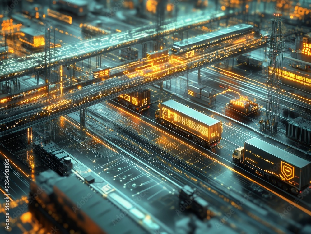 Poster futuristic logistics hub with trucks and illuminated data paths in advanced technology integration