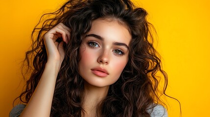 Naklejka premium young brunette holding her curly hair looks anywhere on a yellow background Beautiful woman is holding her curly hair leaving space on the left sides : Generative AI