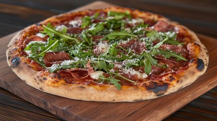 Closeup of a delicious pizza with prosciutto, arugula, and parmesan cheese on a wooden board.