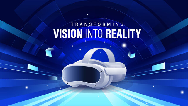 Transforming vision into reality with a virtual reality device against a high-tech background, ideal for tech events, conferences, and exhibitions innovation and technology 