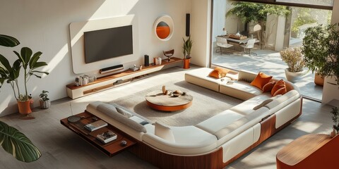 Modern living room with curved sofa and large window.