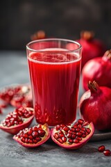Fresh Pomegranate Juice in a Glass with Whole and Halved Pomegranates on a Dark Background