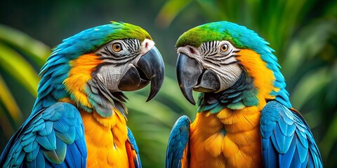 Fototapeta premium Vibrant cyan and gold macaws collide, their beautiful, contrasting plumage shimmering with realistic texture, as if plucked straight from the tropical rainforest.