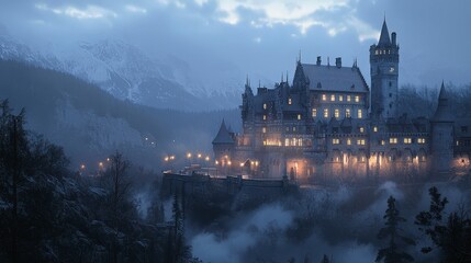 Obraz premium Majestic medieval castle glowing with warm lights perched on a snowy mountain cliffside covered in thick fog during twilight.