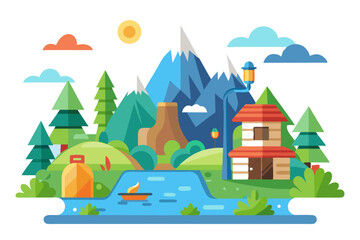 A Flat Illustration of a Quaint Mountainside Cottage with a River Running Through it