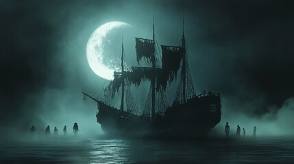 Eerie Pirate Ship Sailing Through Misty Waters at Night with Ghostly Figures - Haunting Nautical Scene Under Crescent Moonlight
