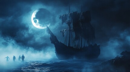 Ghostly Pirate Ship Sailing through Misty Waters under Crescent Moon - Spooky Nautical Scene 