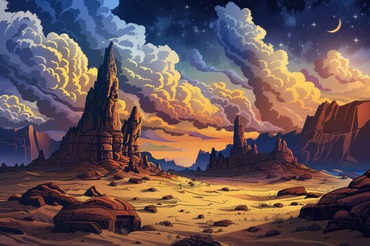 Desert landscape with rock formations under starry night sky