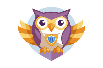 Obraz premium Cartoon Owl with Spread Wings and a Blue Shield