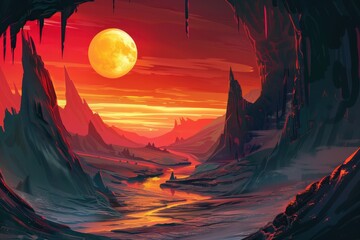 Alien landscape with a glowing moon and river of lava