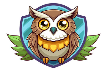 Obraz premium Cartoon Owl Inside Blue Shield with Green Leaves