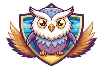 Cartoon Owl with Golden Wings Inside a Shield