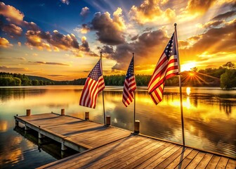 Vintage American flags waving proudly on old wooden docks surrounded by serene lake waters reflecting a warm sunset with a feel of tranquility