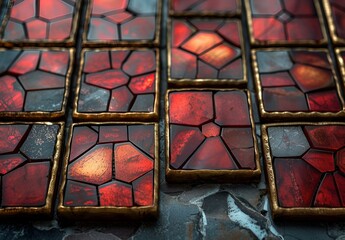 a group of red rectangular tiles with gold edges.