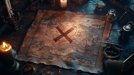 Discovery Awaited: Pirate Map with X Marking the Spot Surrounded by Vintage Compasses, Spyglasses, and Candles