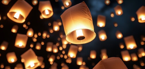 A festival of floating lanterns, with hundreds of glowing orbs released into the night sky.