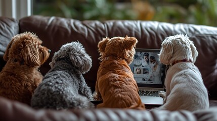 Back view of dog talking to dog friends in video conference Group of dogs having an online meeting in video call using a laptop Labradoodle and boxer dog chatting online Pets using a c : Generative AI