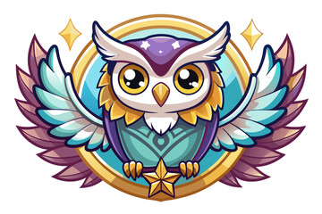 Fototapeta premium Cartoon Owl with Wings and Star in a Golden Circle