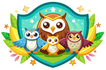 Obraz premium Four Owls on a Green Shield Surrounded by Leaves and Stars