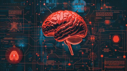 Digital technology background and glowing cyber cyborg brain on computer electronic chip