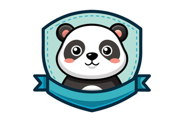 Fototapeta premium Cute Panda Bear in a Blue Shield with a Ribbon