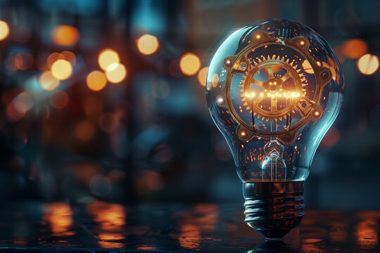 Glowing lightbulb with gears inside on a dark blue background, symbolizing innovation and digital transformation