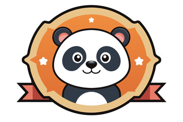 Naklejka premium Cartoon Panda Bear in an Oval Frame with Stars and a Ribbon