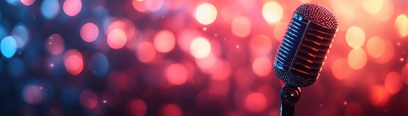 Obraz premium Retro Microphone on Stage with Colorful Bokeh Lights in Background