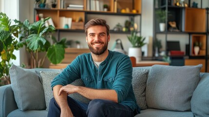 Fototapeta premium A man sitting on a couch smiling at the camera, AI