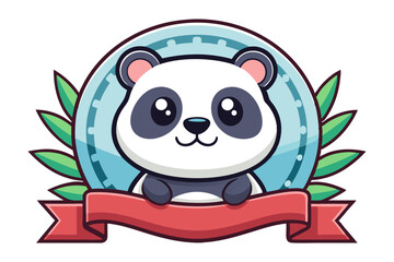 Fototapeta premium Adorable Cartoon Panda Bear with Red Ribbon and Green Leaves
