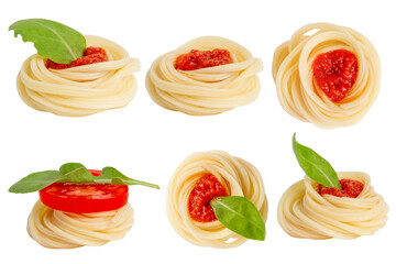 Set. Boiled spaghetti pasta with sauce twisted into a circle on a blank background.