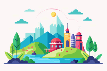Fototapeta premium A Cityscape with Buildings, Hills, a River, and Trees