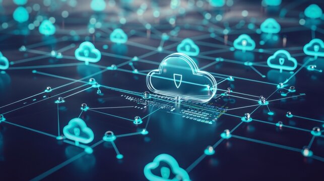The visual displays a digital network of cloud storage icons interconnected by lines, highlighting security measures within a modern technological framework