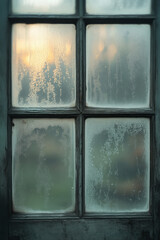 A fogged-up window with a glass in front, isolated on a pastel cream background, symbolizing the blurred reality of alcoholism,