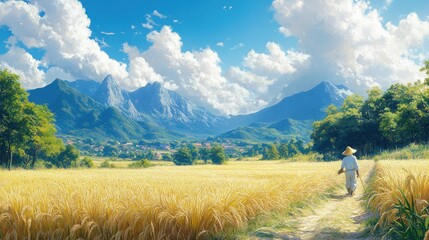 A serene landscape with a farmer walking through golden fields.
