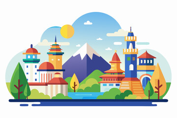 Colorful Cityscape with Mountain and Lake