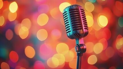Retro Microphone with Colorful Bokeh Background - Vibrant and Nostalgic Music Concept