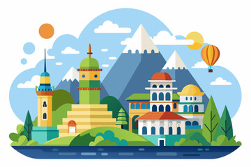 Colorful Cityscape with Mountains, Green Trees, and a Hot Air Balloon