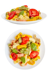 Set. Pasta, macaroni with tomatoes in a plate on an empty background.