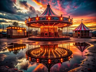 Obraz premium eerie abandoned neon lit carnival at dusk with distorted funhouse mirrors reflecting eerie silhouettes