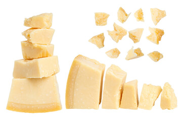 Set. Parmesan cheese on empty background.