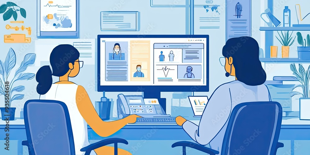 Poster two people working on a computer with medical data.