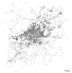 Morelia city map with roads and streets, Mexico. Vector outline illustration.